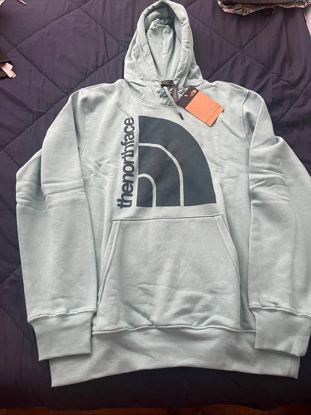The North Face Pale Blue Pullover Hoodie with Dark Navy Logo